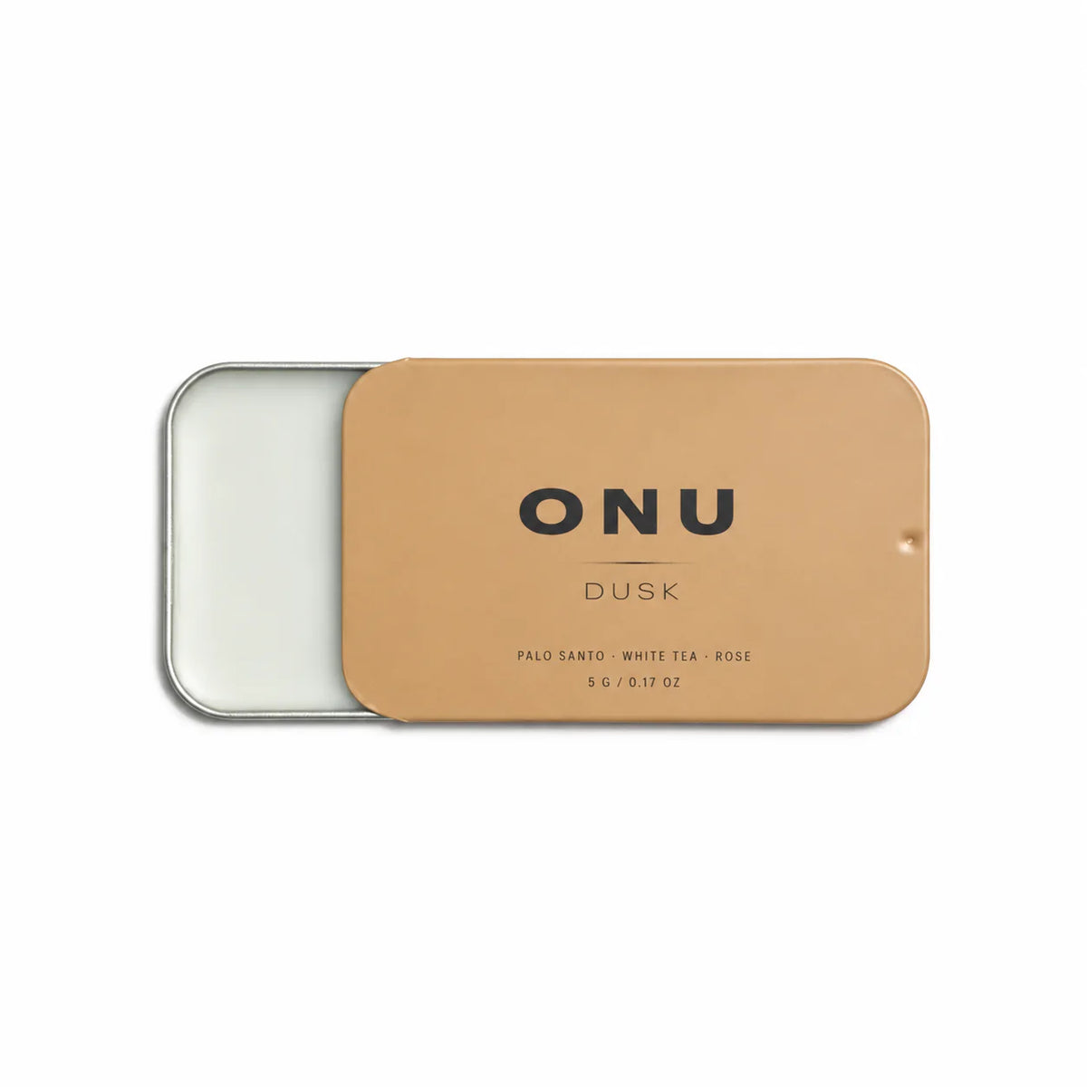 Open gold ONU DUSK solid balm cologne card showing the white balm on a clean white background.